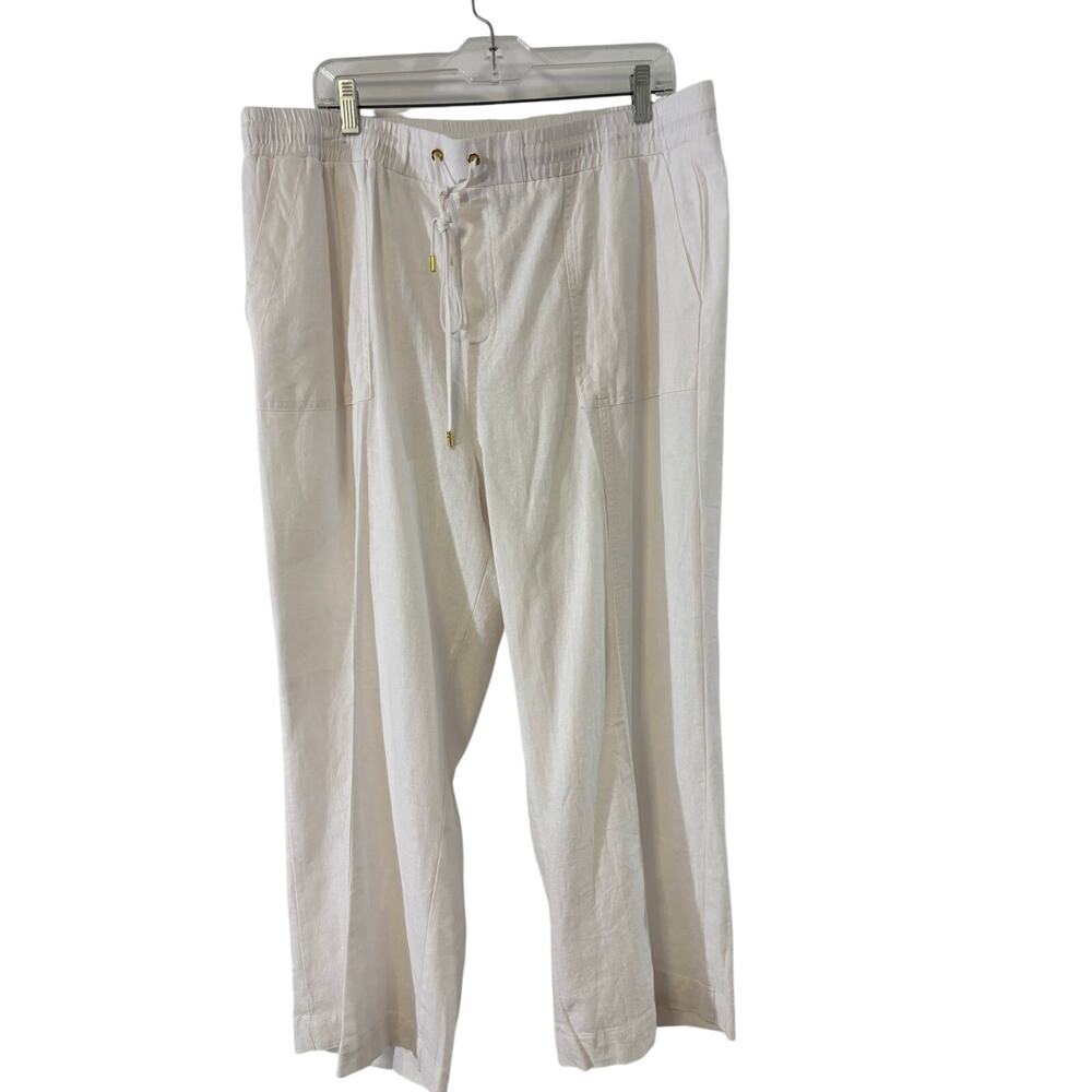 ELLEN TRACY Pants Womens XL White Linen Blend Wide Leg Drawstring Pull On Summer